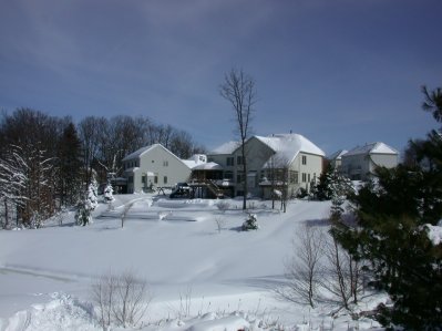 Snow scene near pond